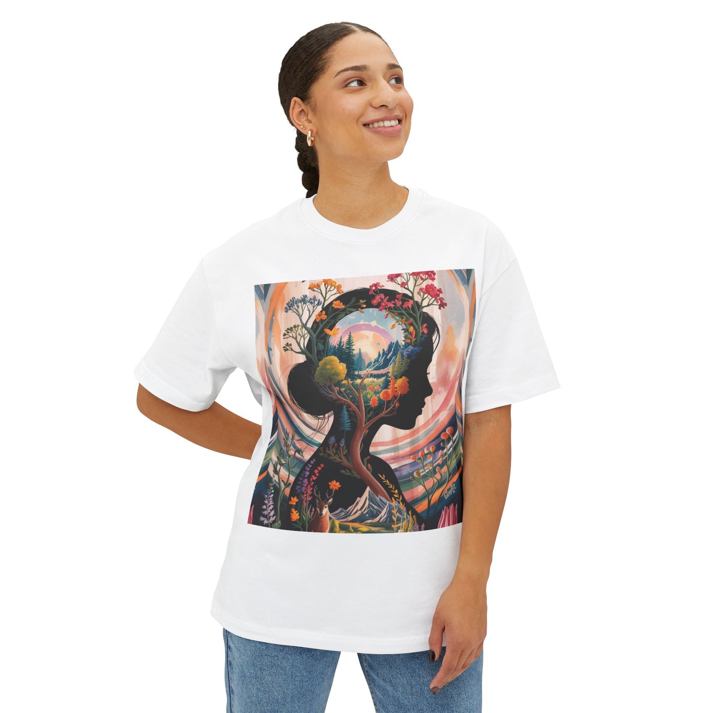 Nature-Inspired Unisex Oversized Boxy Tee - Artistic Floral Design